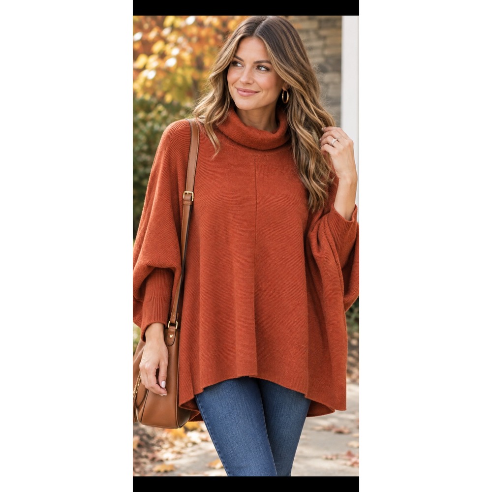 Anrabess Women Rust Orange Oversized Turtleneck Batwing Sleeve Ribbed Sweater L